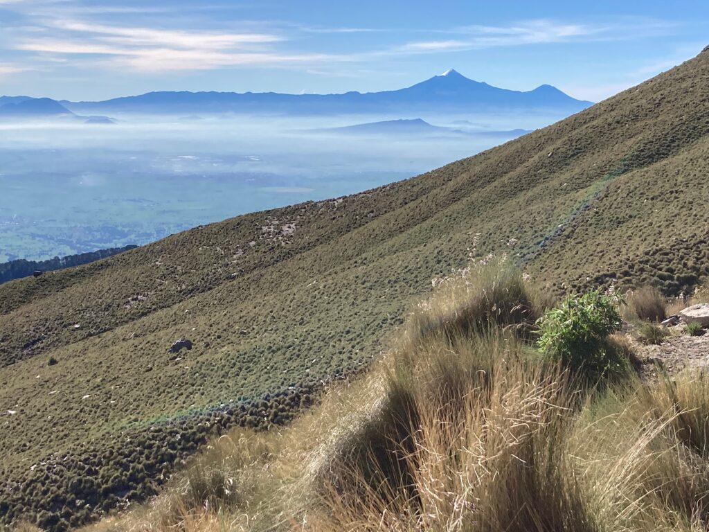 Along the horizon stands a large, snow-capped stratovolcano. Citlaltépetl, or Pico de Orizaba, is the highest point in Mexico. The grassy slope of La Malinche is in the foreground.