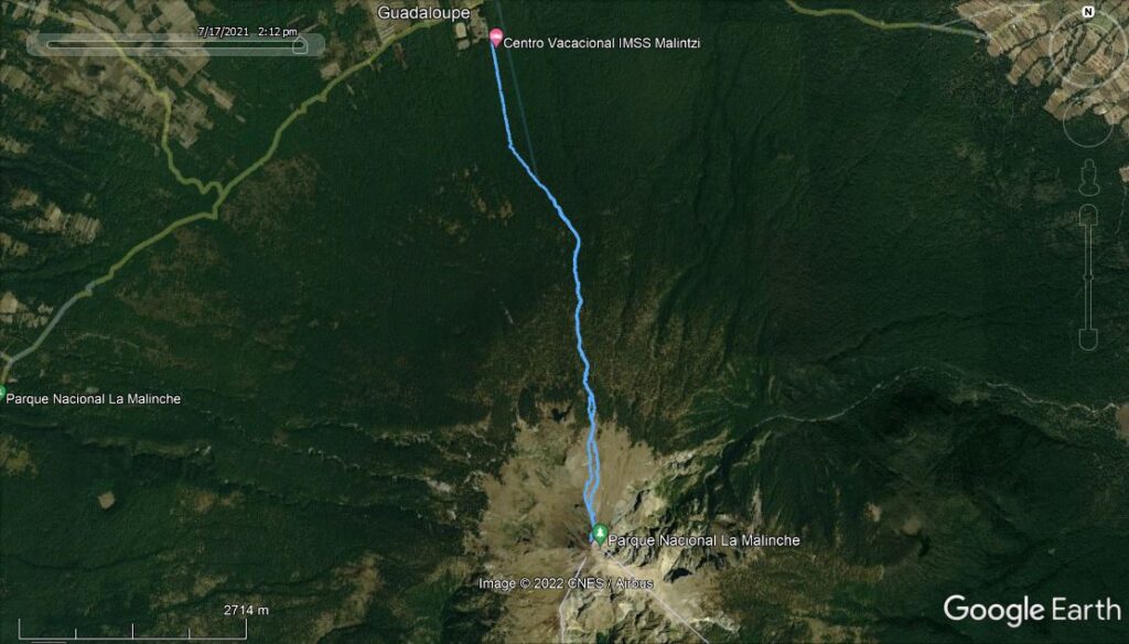 My GPS route is shown in light blue on a Google Earth satellite image. Near the top of the picture is the starting point, the Centro Vacacional IMMS Malintzi near the small town of Guadaloupe. The route goes mostly south from there with hardly any turns all the way through the forest, above the tree line, and to the summit.